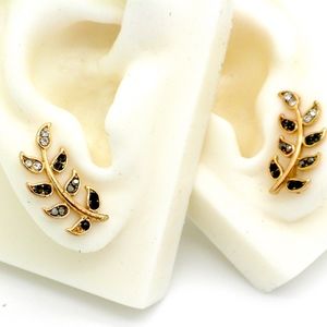 Black Leaves Crystal Gold Filled Ear Pins Earrings